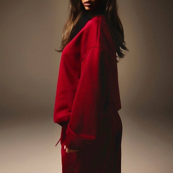 Burgundy Casual Women's Crew Neck Long Sleeve Top & Drawstring Pants Sports Set - Picture 7 of 7